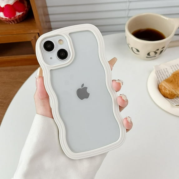 for iPhone 14 Plus Case, Curly Wave Frame Cute Phone Case Clear Wavy Aesthetic Phone Case for Women Girls Slim Soft TPU Shockproof Protective Bumper Case, White