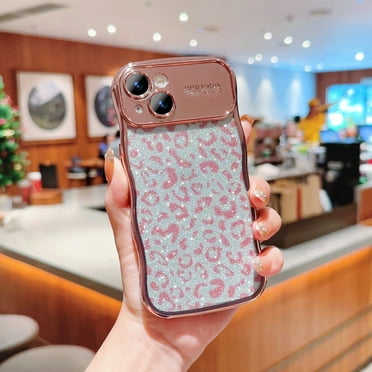 for iPhone 14 Plus Case Curly Wave Frame Leopard Glitter Bling Shiny Design Transparent Clear Sequin Anti-fall Shockproof Protective Rugged Phone Case Cover for Women Girls,Rosegold
