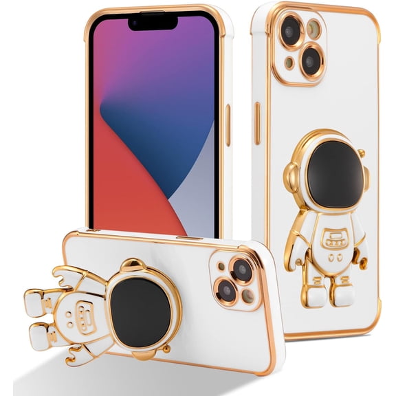 for iPhone 14 Plus Case Cute 6D Astronaut Case with Stand Function Luxury Plating Case Cover Slim Fit Soft TPU Shockproof Bumper Protective Electroplated Case for Girls Boys,6.7 inch,White