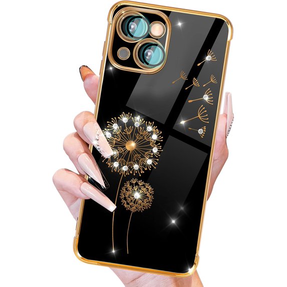 for iPhone 14 Plus Case, Cute Women Girls Bling Glitter Dandelion Designed for iPhone 14 Plus Phone Cases, Girly Gold Plating Phone Cover for 14 Plus with Camera Protection Black
