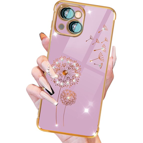 for iPhone 14 Plus Case, Cute Women Girls Bling Glitter Dandelion Designed for iPhone 14 Plus Phone Cases, Girly Gold Plating Phone Cover for 14 Plus with Camera Protection Purple