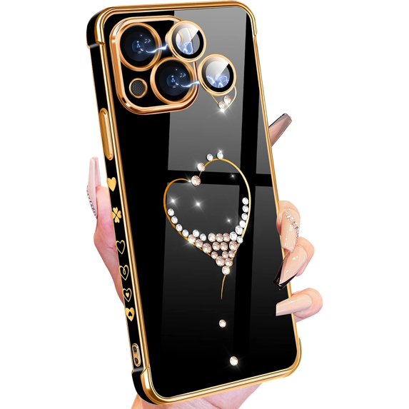 for iPhone 14 Plus Case, Cute Women Girls Bling Glitter Love Heart Designed for iPhone 14 Plus Phone Cases, Girly Gold Plating Phone Cover for 14 Plus with Camera Protection Black