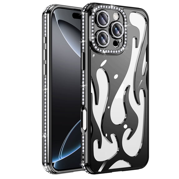 for iPhone 14 Plus Case with Diamond Frame & Hollow-out Back, Ultra Slim Lightweight PC Protective Phone Cover, Glitter Skin-Friendly Shockproof Cooling Design, Heat Dissipation, Black