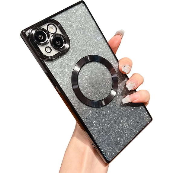 for iPhone 14 Plus Case Glitter Magnetic Compatible with MagSafe Full Camera Lens Protection Luxury Plating Cute Bling Clear Shockproof Slim Phone Case for Women Girls (Black)