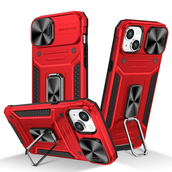 for iPhone 14 Plus Case Heavy Duty with Camera Cover, Build in Kickstand & Magnetic Car, Military Grade Armor Protection Cover,Sturdy Rugged Shockproof Case For iPhone 14 Plus, Red