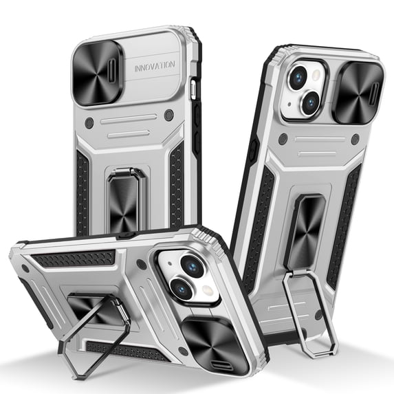 for iPhone 14 Plus Case Heavy Duty with Camera Cover, Build in Kickstand & Magnetic Car, Military Grade Armor Protection Cover,Sturdy Rugged Shockproof Case For iPhone 14 Plus, Silver