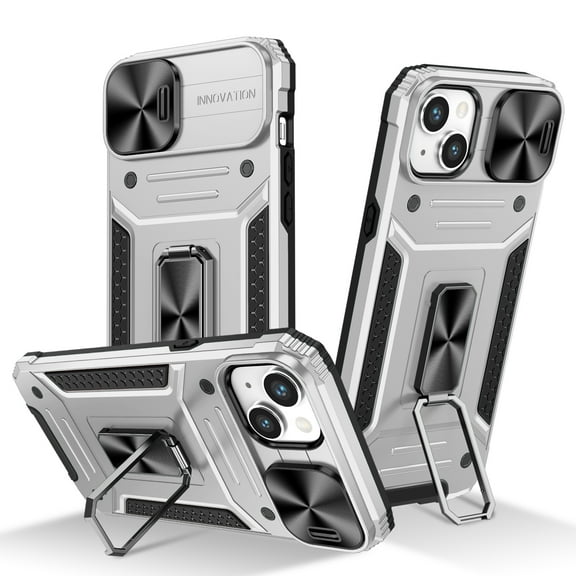 for iPhone 14 Plus Case Heavy Duty with Camera Cover, Build in Kickstand & Magnetic Car, Military Grade Armor Protection Cover,Sturdy Rugged Shockproof Case For iPhone 14 Plus, Silver