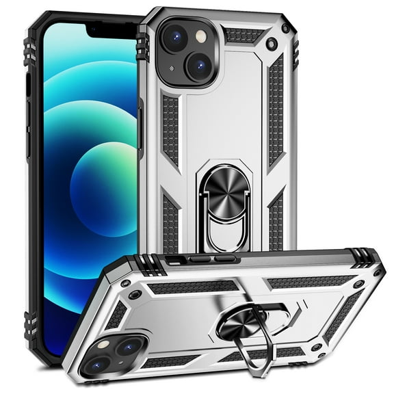 For iPhone 14 Plus Case ,Heavy Duty Shockproof Body Phone Cover Built in Metal Rotated Magnetic Ring Holder Kickstand,Dustproof,Anti-Scratch,Dual Layer Military-Grade Drop protection,Silver