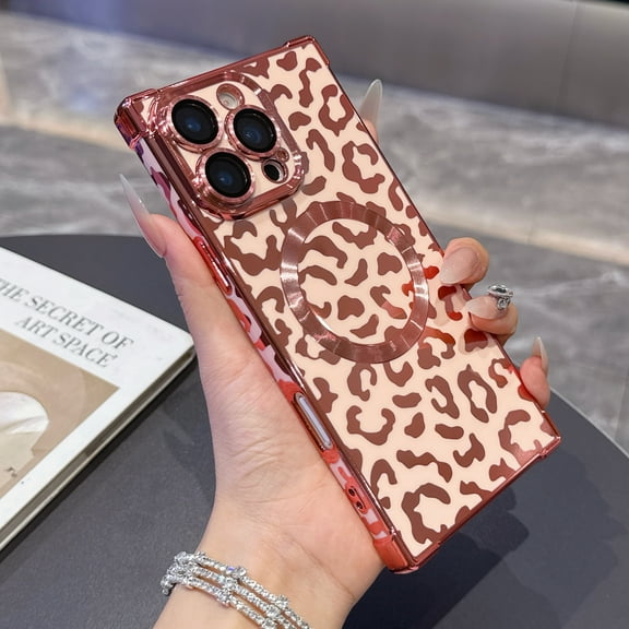 for iPhone 14 Plus Case Leopard Print Magnetic with Lens Protector, TPU Plating Shockproof Anti-Scratch Slim Fit Phone Cover for Women Girls, Lightweight Drop Protection Back Case, Pink