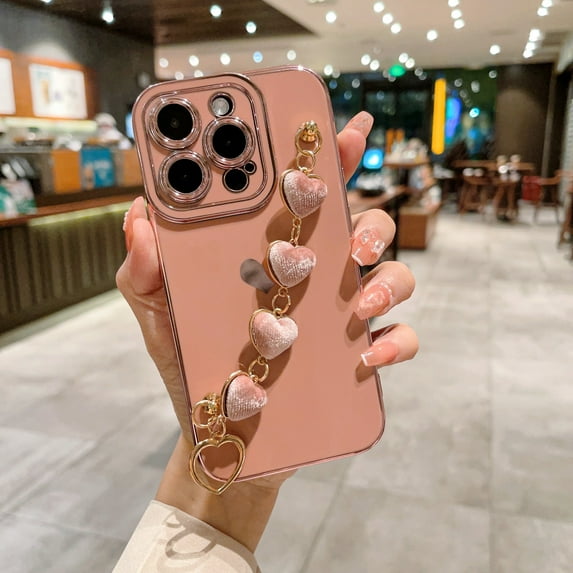 for iPhone 14 Plus Case with Love Heart Bracelet Luxury Cute Hearts Cover with Metal Chain Strap Gold Plated with Side Love Pattern Soft Shockproof Bumper For iPhone 14 Plus, Pink
