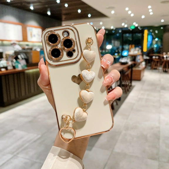 for iPhone 14 Plus Case with Love Heart Bracelet Luxury Cute Hearts Cover with Metal Chain Strap Gold Plated with Side Love Pattern Soft Shockproof Bumper For iPhone 14 Plus, White