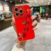 for iPhone 14 Plus Case Luxury Plating Soft TPU Slim Shockproof Back Case with Love Heart Chain Strap Cute Bumper Protective Phone Cover for Women Grils For iPhone 14 Plus, Red