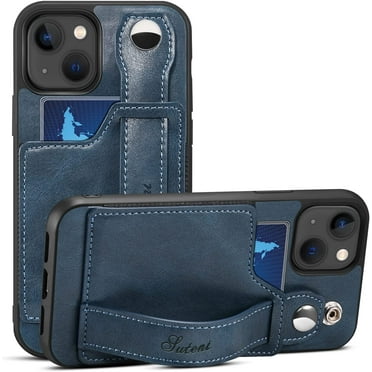 for iPhone 14 Plus Case, PU Leather Wallet Case Back with Elastic Card Slot Magnetic Clasp Kickstand Hand Strap Protective Cover for iPhone 14 Plus 6.7 inch 2022 (Blue)
