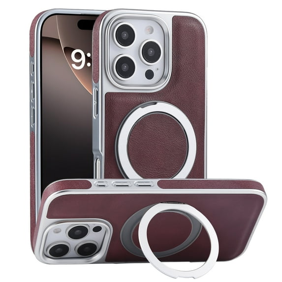 for iPhone 14 Plus Case, Plating PU Leather Magnetic Mag-Safe Phone Case with Built-in 360° Rotatable Ring Stand Shockproof Protective Kickstand Phone Case for iPhone 14 Plus, Winered