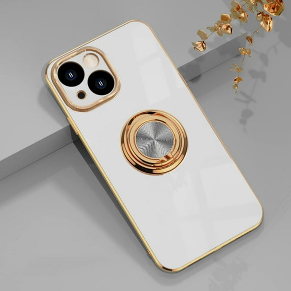 for iPhone 14 Plus Case with Ring Holder, 360 Rotatable Magnetic Kickstand Support Car Mount Slim Shockproof for Women Men Protective Phone Case for iPhone 14 Plus 6.7", Milky White/Gold