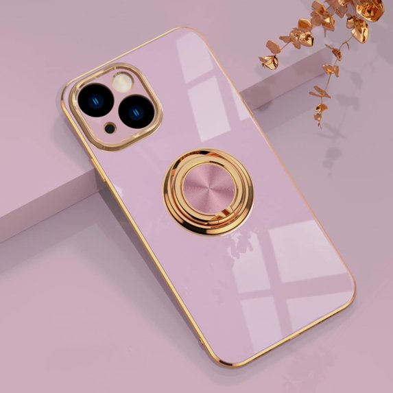 for iPhone 14 Plus Case with Ring Holder, 360 Rotatable Magnetic Kickstand Support Car Mount Slim Shockproof for Women Men Protective Phone Case for iPhone 14 Plus 6.7", Purple/Gold