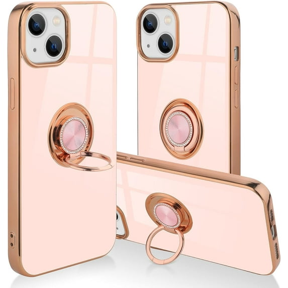 for iPhone 14 Plus Case with Ring Holder Luxury Glitter Plating Gold Edge 360 Rotation Kickstand Phone Case for Women Shockproof Soft TPU Anti-Scratch Protective Cover Case-Pink