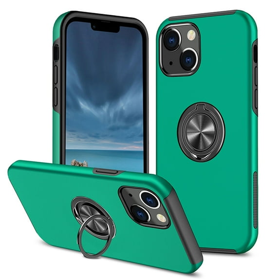 for iPhone 14 Plus Case with Ring Stand, 360° Rotatable Ring Holder Magnetic Kickstand, 2-Layer Heavy Duty Shockproof Rugged Hybrid Hard PC Soft Rubber Case for iPhone 14 Plus, Darkgreen