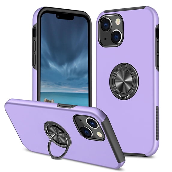 for iPhone 14 Plus Case with Ring Stand, 360° Rotatable Ring Holder Magnetic Kickstand, 2-Layer Heavy Duty Shockproof Rugged Hybrid Hard PC Soft Rubber Case for iPhone 14 Plus, Purple