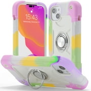 for iPhone 14 Plus Case with Ring Stand, Heavy Duty Military Grade Rugged Shockproof Silicone Rubber Magnetic Kickstand Holder Case for Women Girls For iPhone 14 Plus, Colorful/White