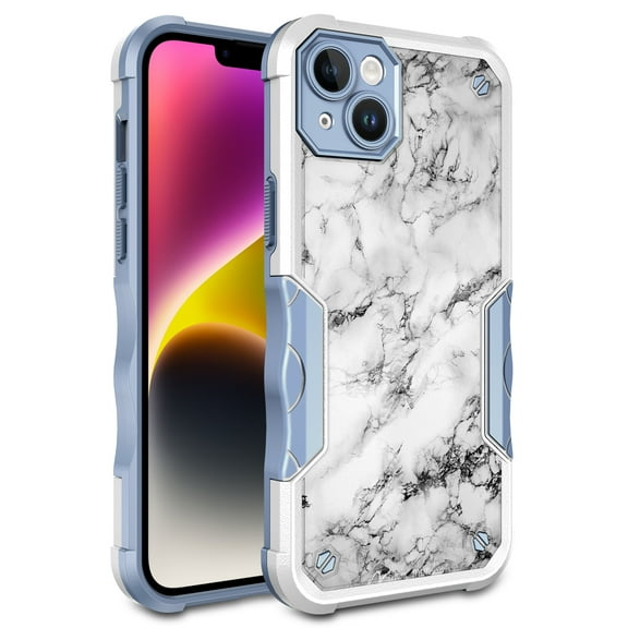 Rosebono Heavy Duty Protection Cell Phone Case for iPhone 14 Plus, White Marble