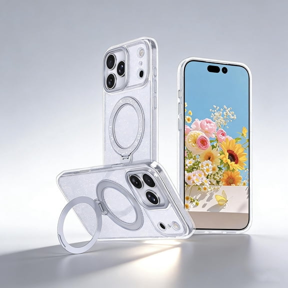 for iPhone 14 Plus Case with Rotatable Ring Stand, Magnetic Compatible with Mag-Safe, Military Grade Drop Protection Shockproof Rugged Glitter Phone Case for iPhone 14 Plus, Clear