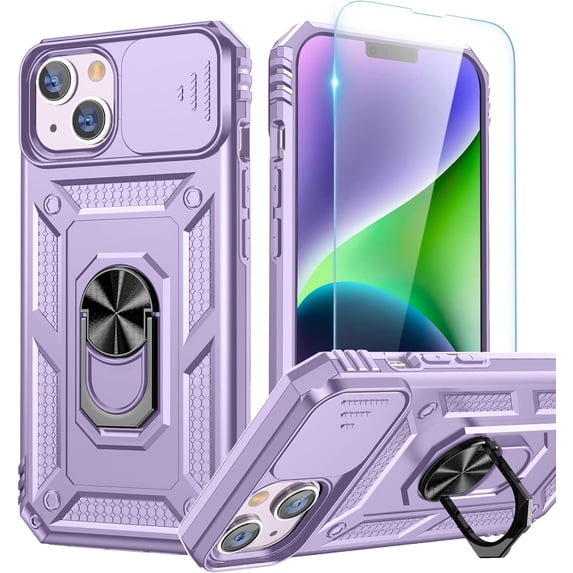 for iPhone 14 Plus Case with Screen Protector - Slide Camera Cover Phone Case with Ring Stand, Heavy Duty Military Grade Shockproof Rugged Bumper for iPhone 14 Plus Accessories Purple