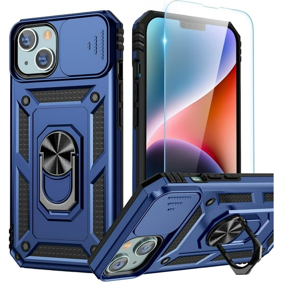 for iPhone 14 Plus Case with Screen Protector - Slide Camera Cover Phone Case with Ring Stand, Heavy Duty Military Grade Shockproof Rugged Bumper for iPhone 14 Plus Accessories Blue