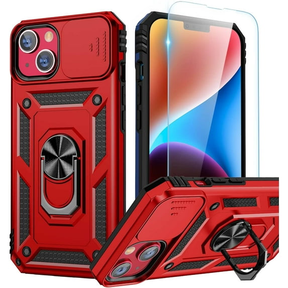 for iPhone 14 Plus Case with Screen Protector - Slide Camera Cover Phone Case with Ring Stand, Heavy Duty Military Grade Shockproof Rugged Bumper for iPhone 14 Plus Accessories Red