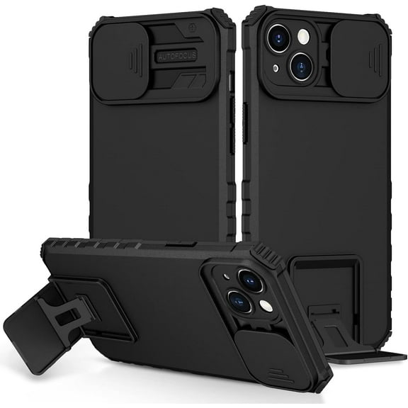 for iPhone 14 Plus Case with Slide Camera Cover, ArmourSilicone TPU Bumper Tough PC Cover with Kickstand, Military Shockproof Absorption Protective Cell Phone Case for iPhone 14 Plus Black