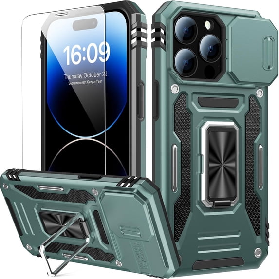 for iPhone 14 Plus Case with Slide Camera Cover + Screen Protector, Built in Rotated Ring Magnetic Kickstand Military Grade Shockproof Protective Phone Case 6.7" - Blue