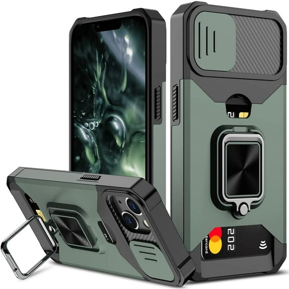for iPhone 14 Plus Case with Sliding Camera Cover and Card Holder Heavy Duty Protective iPhone 14 Plus Case with Ring Magnetic Kickstand Phone Case for iPhone 14 Plus 6.7 inch(Green)