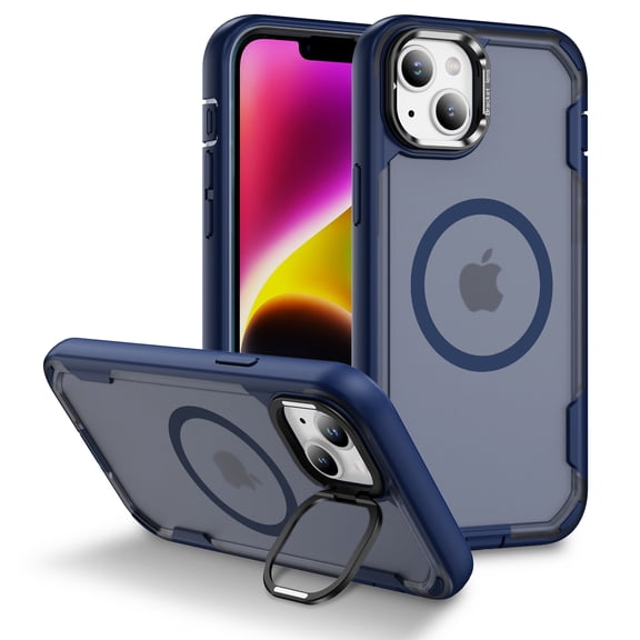 for iPhone 14 Plus Case with Stand, Compatible with MagSafe, Rugged Shockproof Military-Grade Drop Protection, Built-in Metal Camera Stand, Magnetic Phone Case for iPhone 14 Plus,Blue