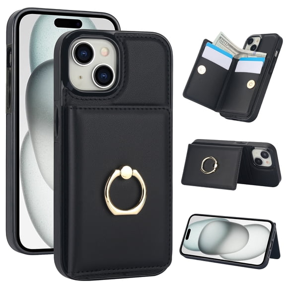 For iPhone 14 Plus Case Wallet Card Holder,Premium PU Leather Back Flip Kickstand Folio Case,RFID Blocking Ring Holder Shockproof Magnetic Women Men For iPhone 14 Plus,Black