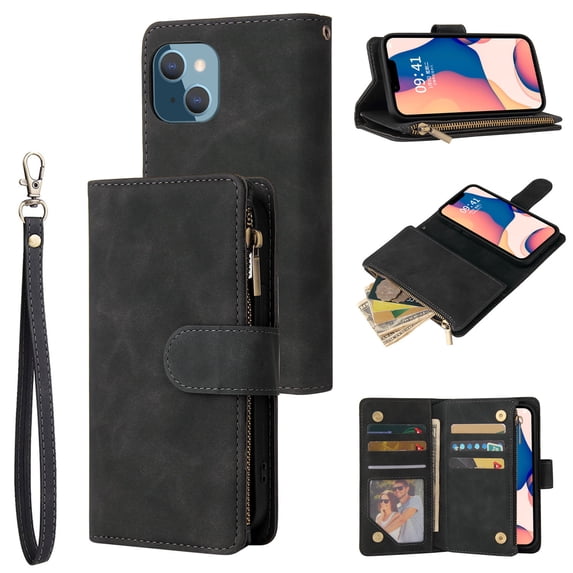 for iPhone 14 Plus Case Wallet with Card Slots, Premium Soft PU Leather Zipper Folio Flip with Wrist Strap Kickstand Protective Phone Cover for iPhone 14 Plus Handbag Wallet Case, Black