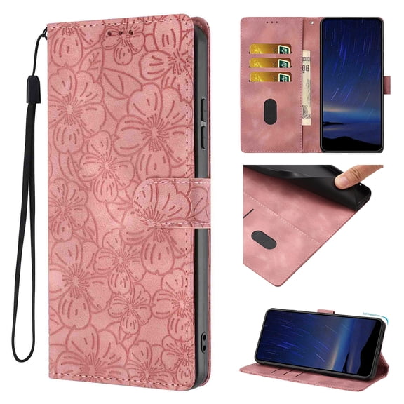 for iPhone 14 Plus Case, Wallet Case Flower Embossed Premium PU Leather Flip Protective Case Credit Card Holder Kickstand Magnetic Clasp Phone Cover Wrist Strap for iPhone 14 Plus, Pink
