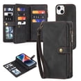 thumbnail image 1 of for iPhone 14 Plus Case, Wallet Case for Women Men, Durable PU Leather Magnetic Flip Lanyard Strap Wristlet Zipper Card Holder Wallet Phone Cases for iPhone 14 Plus 6.7-inch, Black, 1 of 7