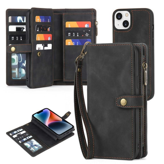 for iPhone 14 Plus Case, Wallet Case for Women Men, Durable PU Leather Magnetic Flip Lanyard Strap Wristlet Zipper Card Holder Wallet Phone Cases for iPhone 14 Plus 6.7-inch, Black