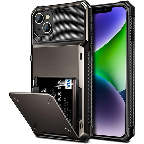 for iPhone 14 Plus Case Wallet Cover 4-Card Credit Card Holder ID Slot Scratch Resistant Dual Layer Hybrid Protective Hard Shell Rugged TPU Bumper Armor Case for iPhone 14 Plus case 6.7" Gun