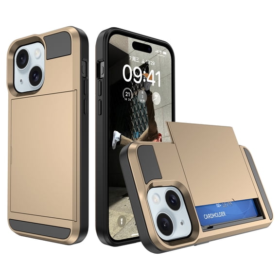 for iPhone 14 Plus Case Wallet Credit Card Holder ID Slot Sliding Door Hidden Pocket Men Women Anti-Scratch Dual Layer Hybrid Bumper Armor Protective Shell Back Cover,Gold