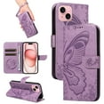 thumbnail image 1 of for iPhone 14 Plus Case Wallet for Women, Flip Folio Cover with Butterfly Pattern PU Leather Stand Card Holder Slots Wrist Strap Protective Phone Case for iPhone 14 Plus, Purple, 1 of 8