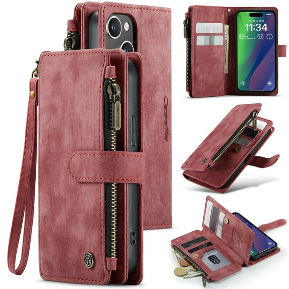for iPhone 14 Plus Case Wallet for Women and Men, iPhone 14 Plus Case, PU Leather Magnetic Flip Strap Wristlet Zipper Card Holder Wallet Business Phone Cover for iPhone 14 Plus, Red