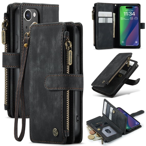 for iPhone 14 Plus Case Wallet for Women and Men, iPhone 14 Plus Case, PU Leather Magnetic Flip Strap Wristlet Zipper Card Holder Wallet Business Phone Cover for iPhone 14 Plus, Black