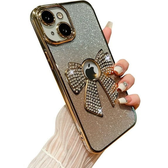 for iPhone 14 Plus Case Women Cute Bowknot Glitter Rhinestone Bling Plating Luxury Women Girl Phone Case,Shine Diamond Case for iPhone 14 Plus Protective Cover,Clear Gradient Gold