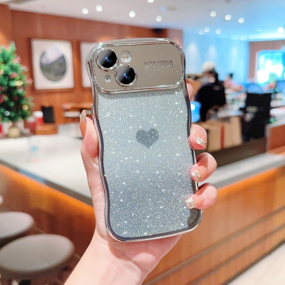 for iPhone 14 Plus Case for Women Girls, Bling Glitter Gradient Color Cute Wave Frame Curly Shape with Love Heart Pattern Raised Camera Protection Cover Luxury Plating Shockproof Case, Silver