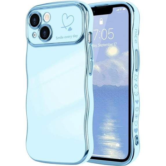 for iPhone 14 Plus Case for Women Girls, Cute Wave Frame Curly Shape with Love Heart Pattern Raised Camera Protection Cover Luxury Plating Shockproof Phone Case for iPhone 14 Plus, Baby Blue