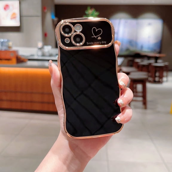 For iPhone 14 Plus Case,for Women Girls Soft Cute Wave Frame Curly Shape Love Heart Luxury Plating Phone Case,Luxury Slim Plating EdgeCase,Anti-slip Grip,Full camera lens protection,Black