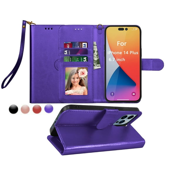 for iPhone 14 Plus Case, iPhone 14 Plus Wallet Case, iPhone 14 Plus Leather Case, EBIZCITY PU Leather Folio Flip Cover Magnetic Closure TPU Shockproof Protective Case Kickstand Strap -Purple
