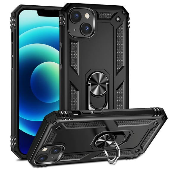 For iPhone 14 Plus Case with kickstand, Built in Metal 360-Degree Rotating Ring Holder Magnetic,Heavy-Duty Rugged Case Full-Body Protective Cover,Black