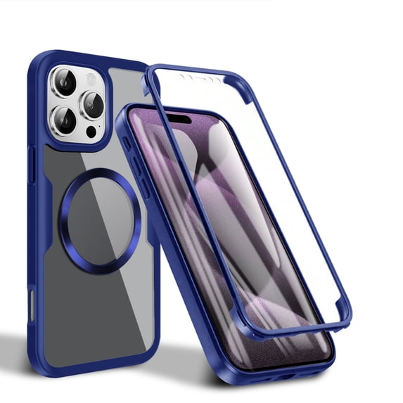 for iPhone 14 Plus Clear Case with Built-in Screen Protector Film, Compatible with Mag-Safe, Military-Grade Protection Yellowing Resistant, Slim Shockproof Magnetic Full Body Phone Case, Blue
